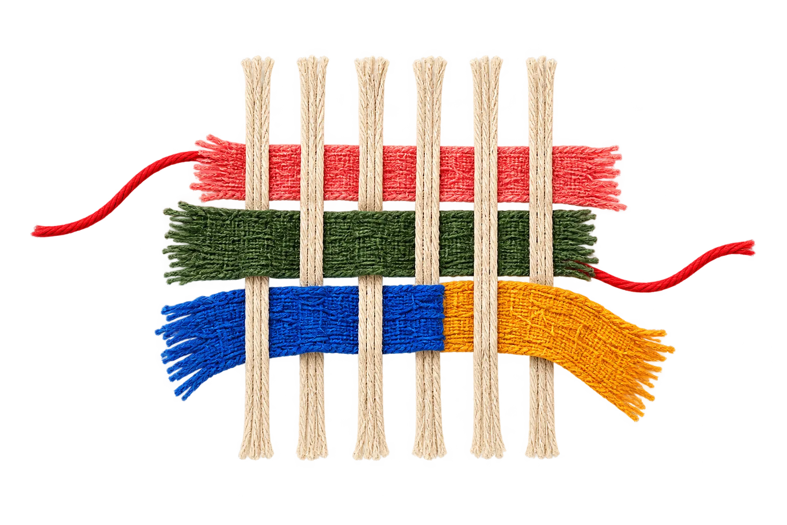 A simple loom of linen warp threads with three strips of fabric half woven in, and a red thread passing through.
